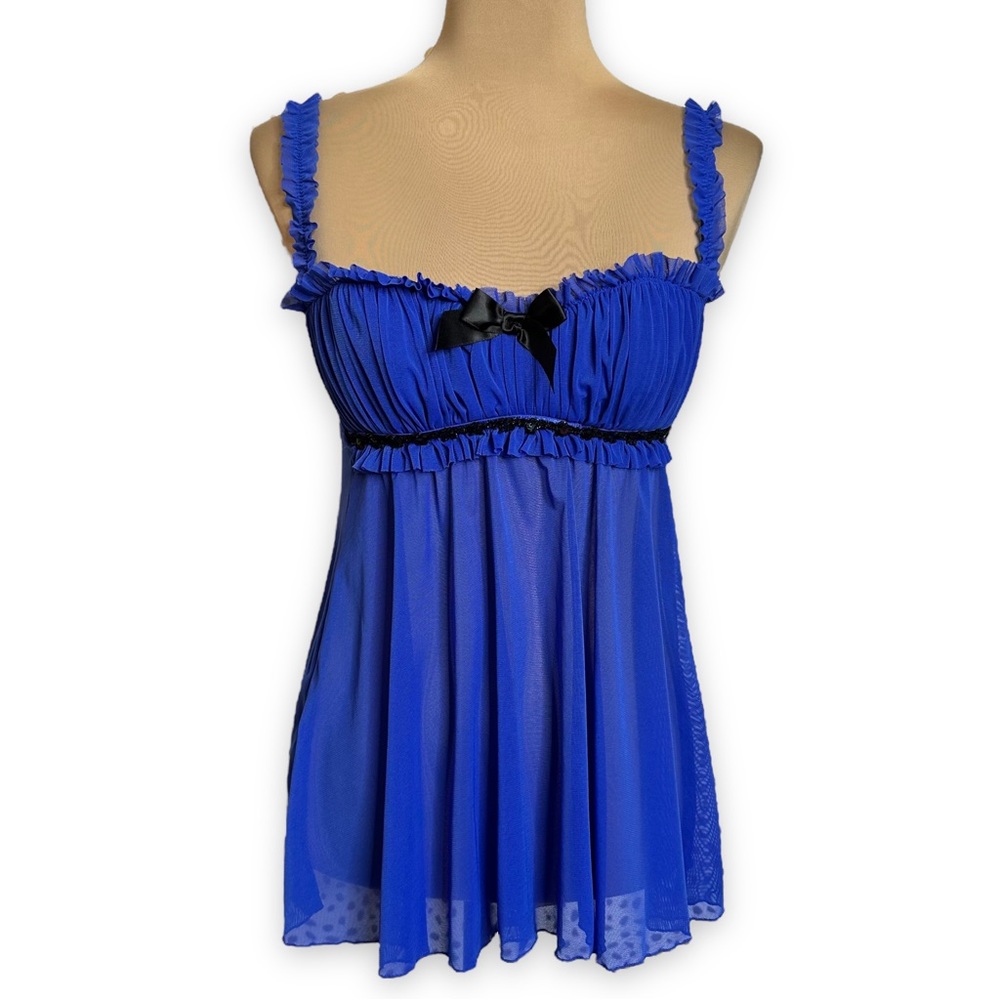 Frederick's Of Hollywood Babydoll Chemise Blue Sheer Ruffled Rouching Size Small
